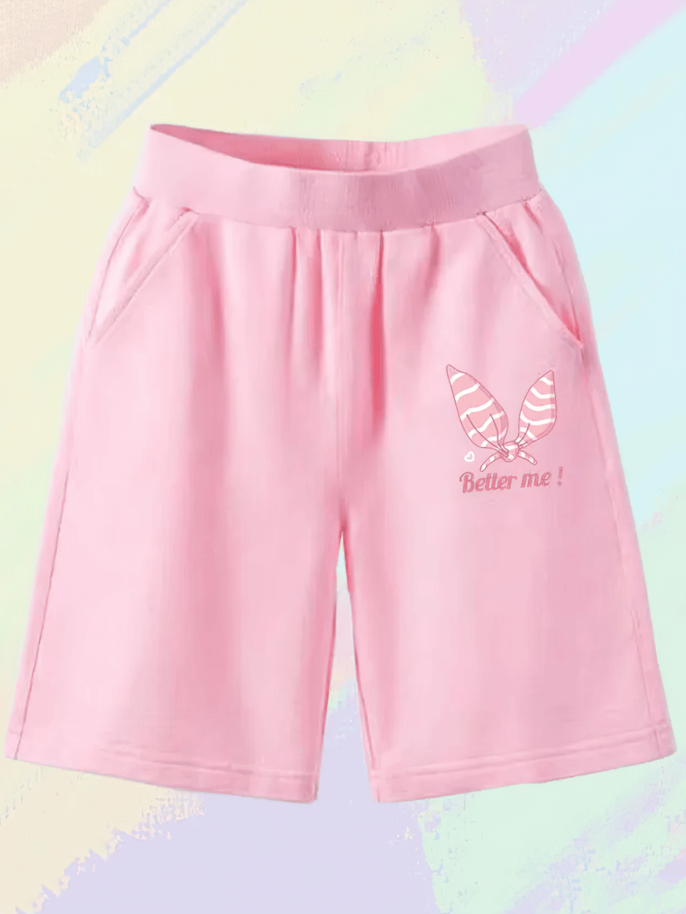 Girls' Elastic Waist Shorts with Pink Bunny Graphic - SF3832 featuring a playful bunny design with "Better me!" slogan on pink fabric