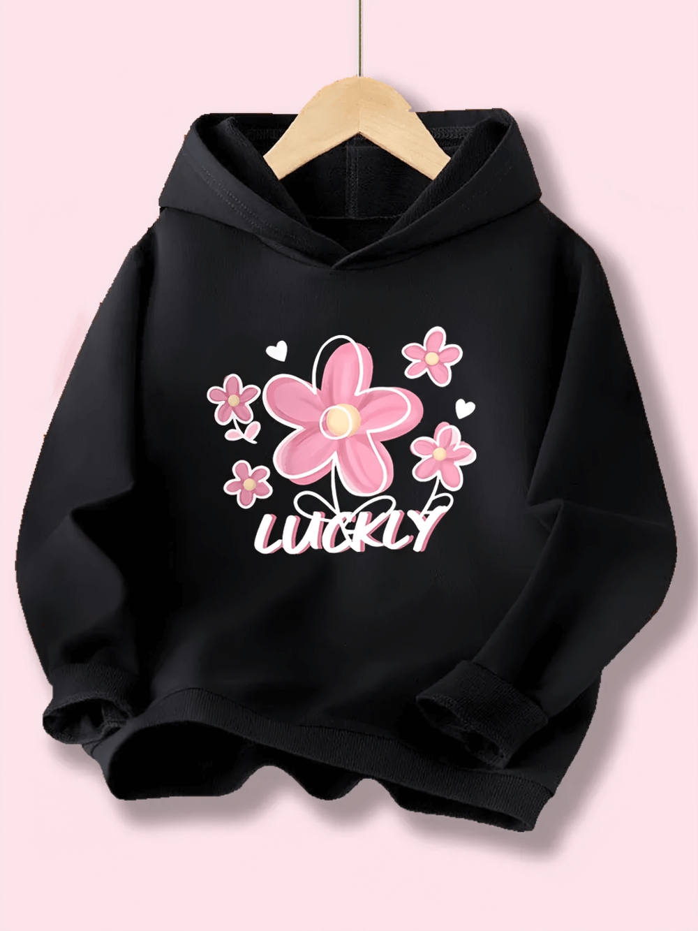 Girls' Fashion Floral Hoodie with Lucky Print - SF3903, featuring cute pink flowers, perfect for daily wear and casual activities.