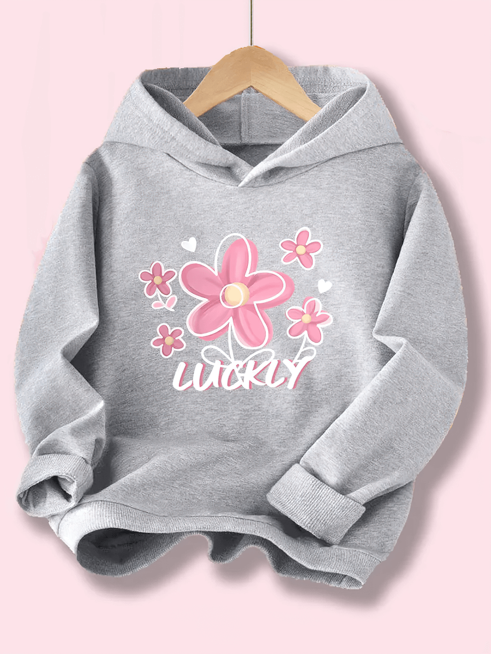 Girls' Fashion Floral Hoodie with Lucky Print - SF3903, featuring pink flower graphics and 