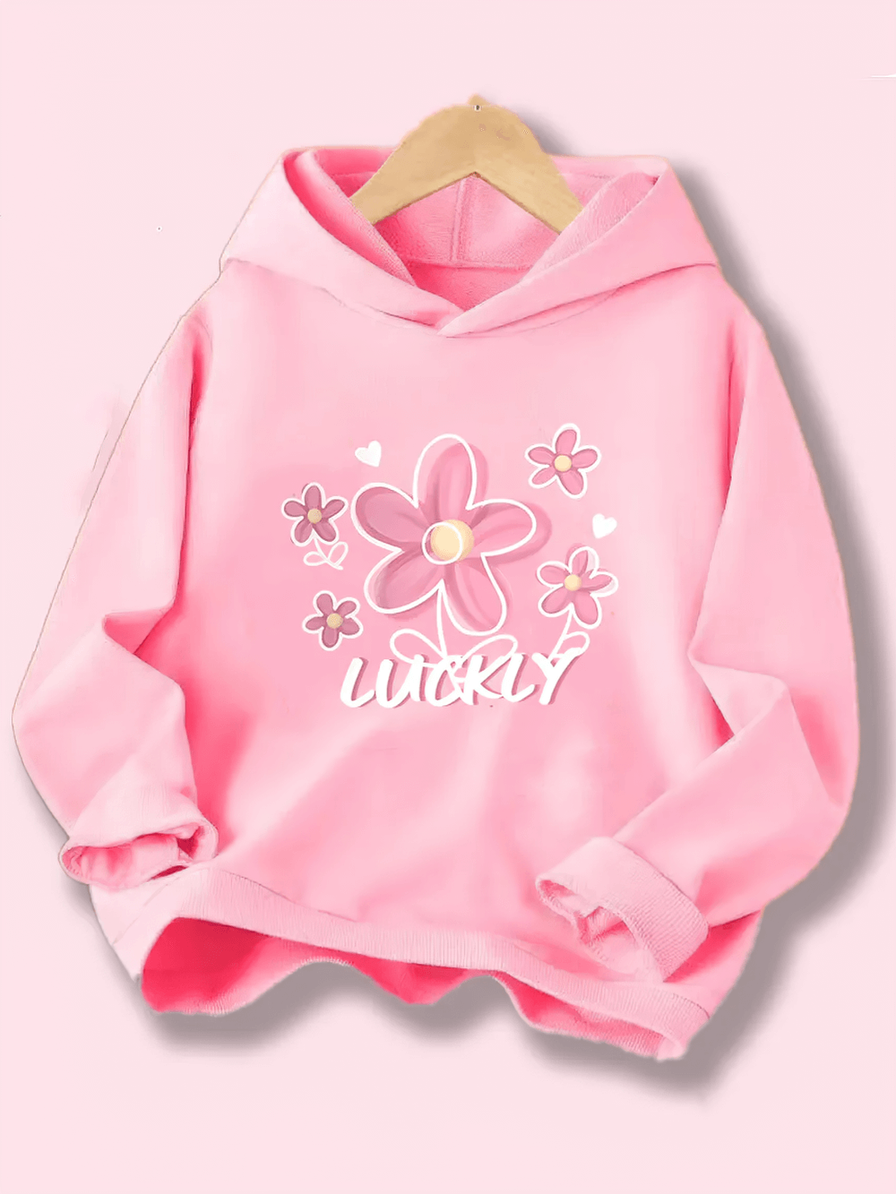 Girls' Fashion Floral Hoodie with Lucky Print - SF3903 featuring cute flower design in pink, perfect for kids' daily wear
