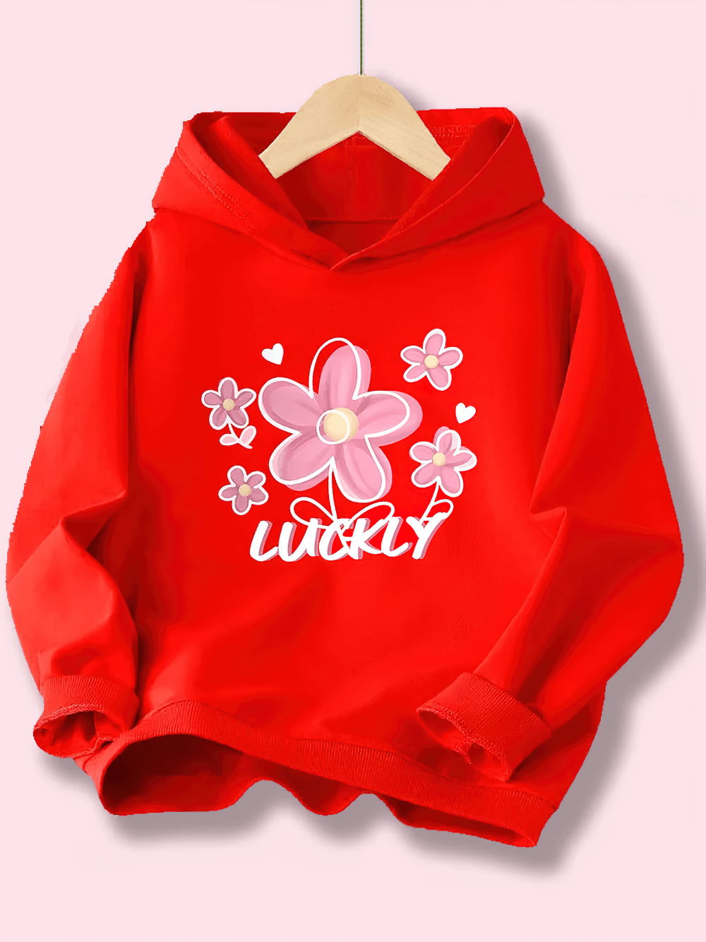 Girls' Fashion Floral Hoodie with Lucky Print - SF3903 for kids, featuring a vibrant flower design on a comfy red backdrop for daily wear.