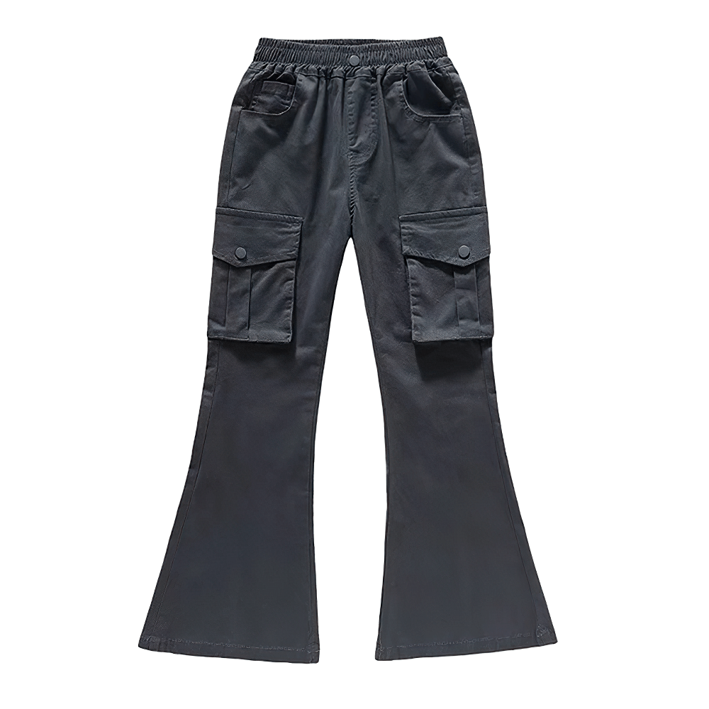 Girls Flare Pants with High Waist and Pockets - SF3726, black cargo style with elastic waist and flap pockets, sporty and durable.