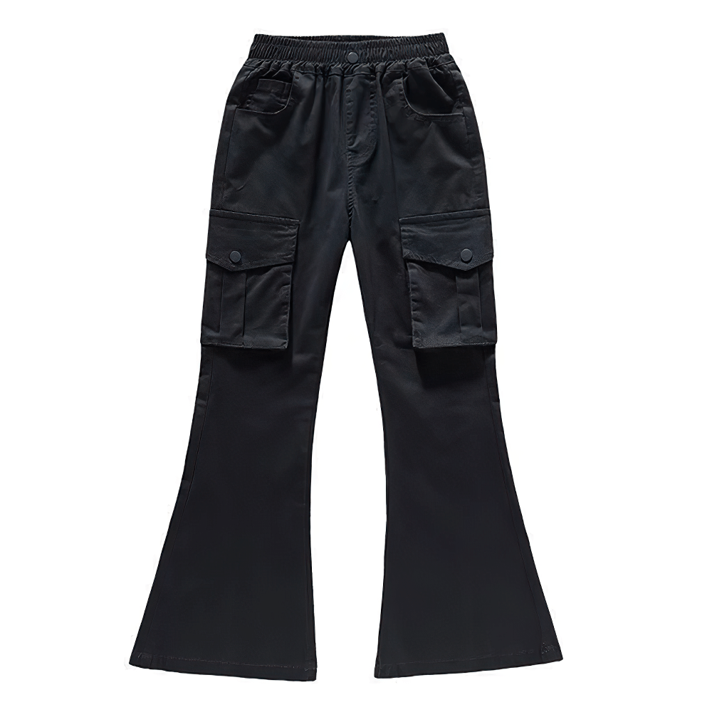 Girls Flare Pants with High Waist and Pockets - SF3726, black cargo style trousers with flap pockets and sporty straight-leg design.