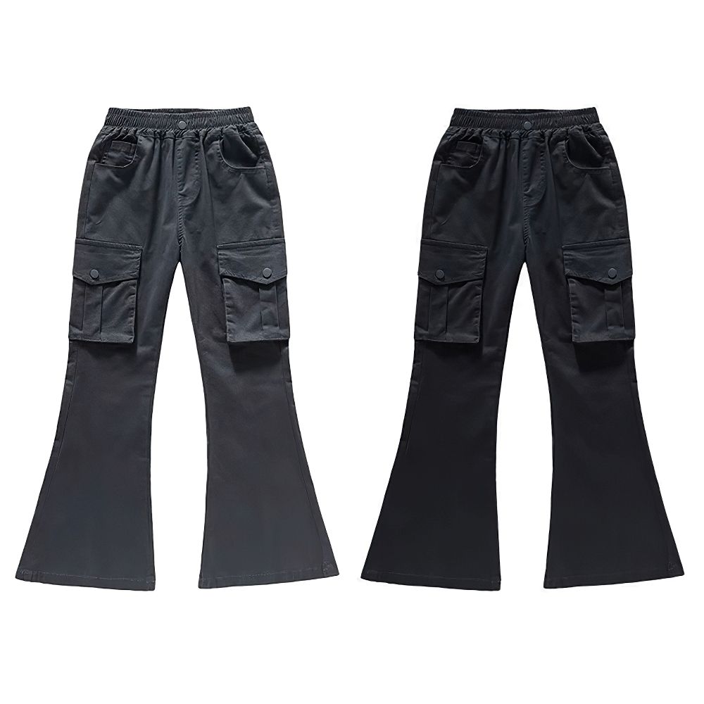 Girls Flare Pants with High Waist and Pockets - SF3726, sporty cargo style trousers for kids with elastic waist and flap pockets.