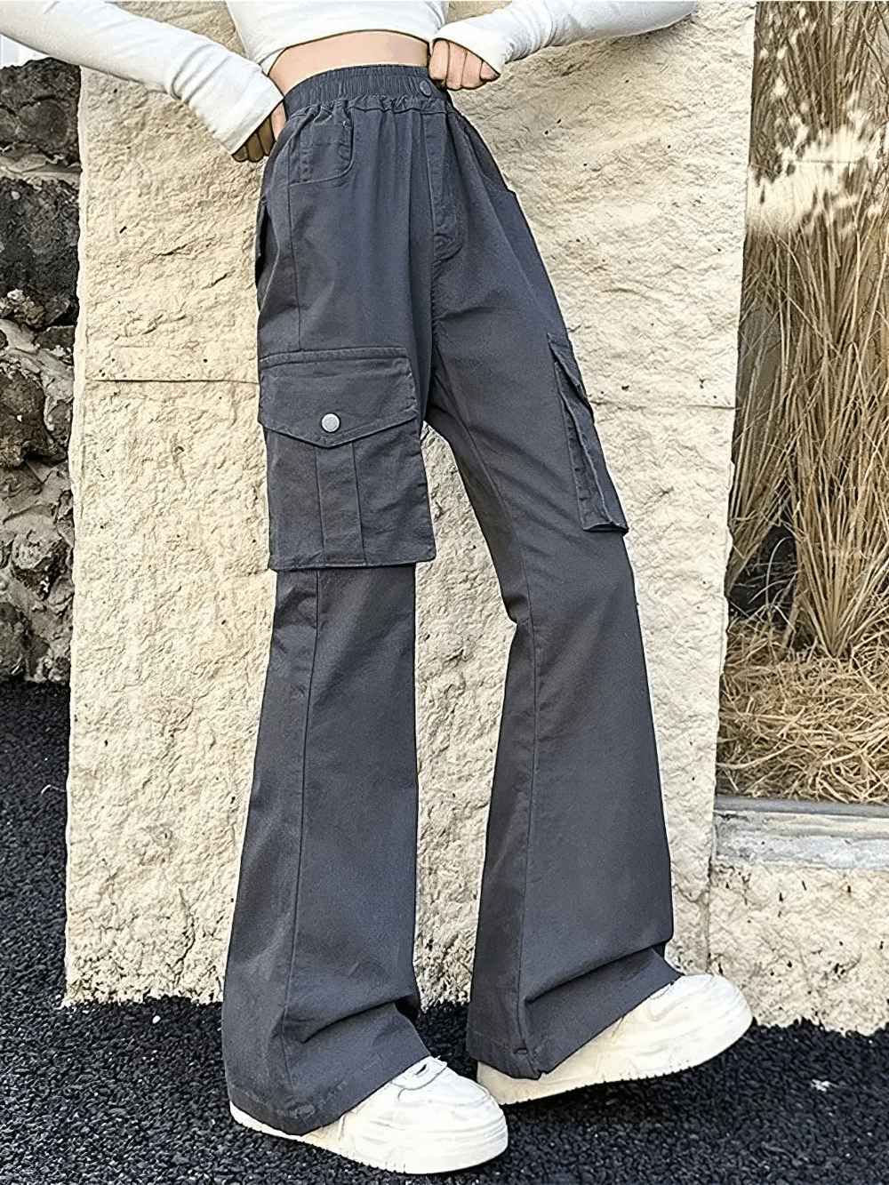 Girls Flare Pants with High Waist and Pockets - SF3726 in cargo style with elastic waist and flap pockets.