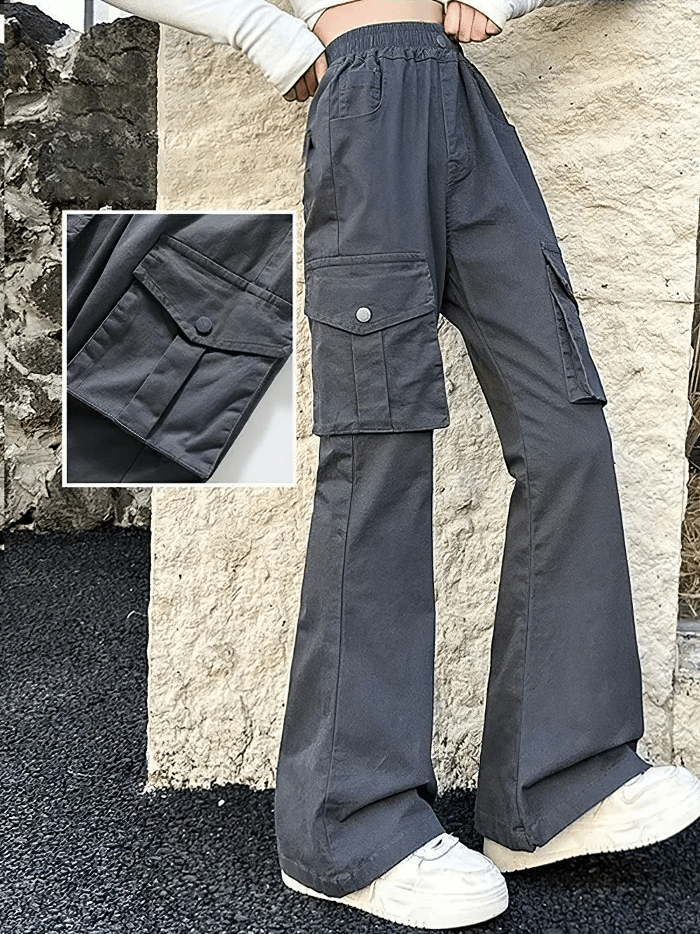 Girls Flare Pants with High Waist and Pockets - SF3726 in cargo style with flap pockets and elastic waist, perfect for a trendy look.