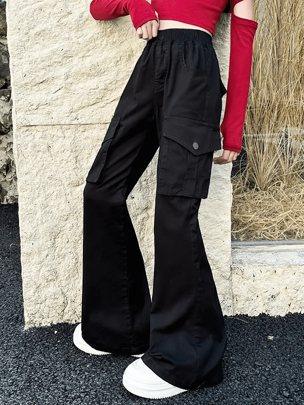 Girls Flare Pants with High Waist and Pockets - SF3726 featuring sporty cargo style with flap pockets and elastic waist for trendsetting girls.