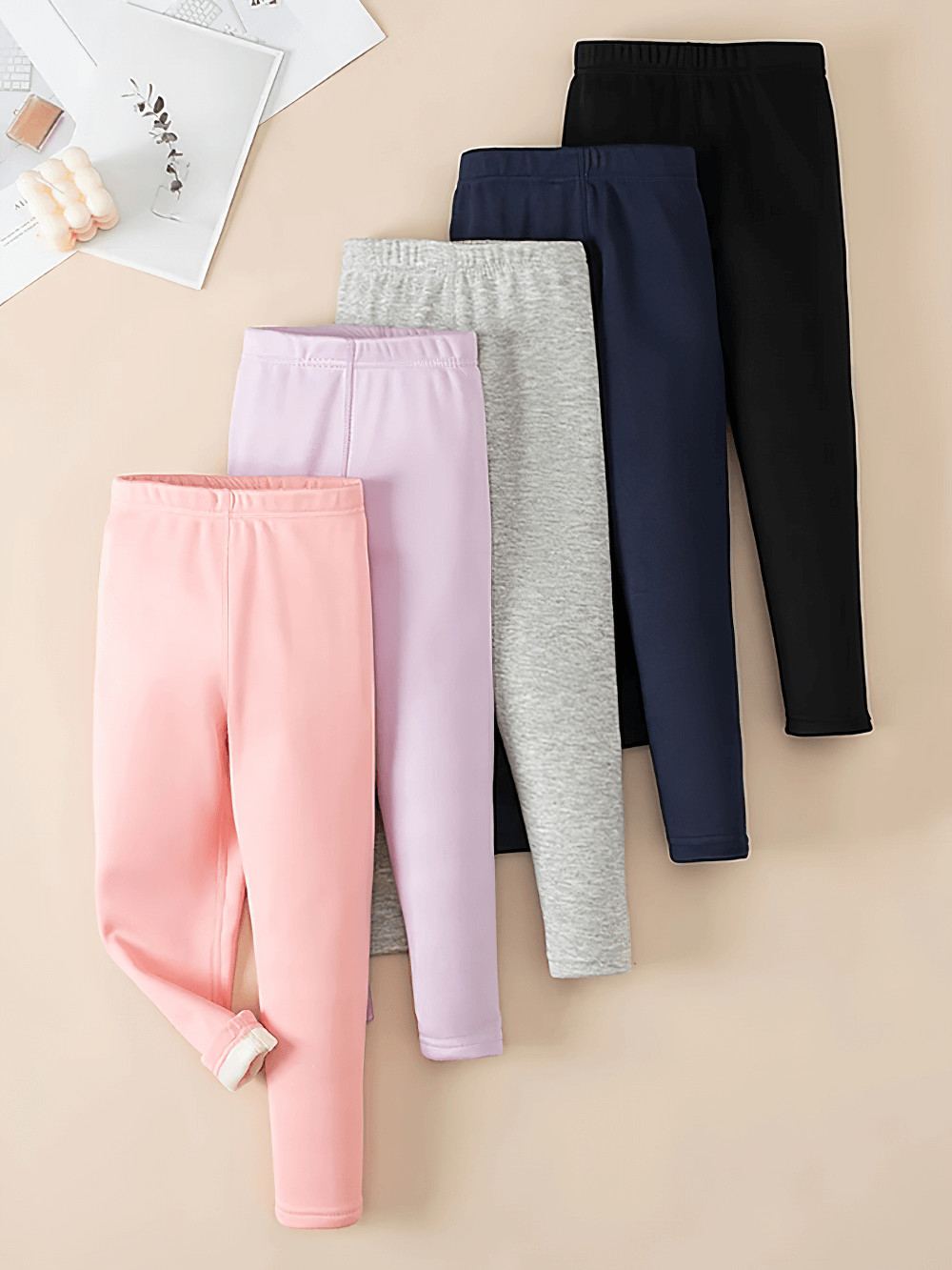 Colorful Girls Fleece Leggings for Sports and Casual Wear - SF3660, showcasing pink, purple, grey, navy, and black options.