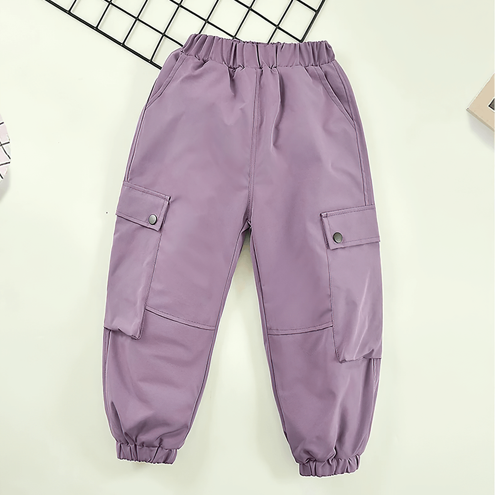 Girls Fleece-Lined Cargo Pants with Pockets - SF3708 in purple with elastic waistband and pockets for winter adventures.