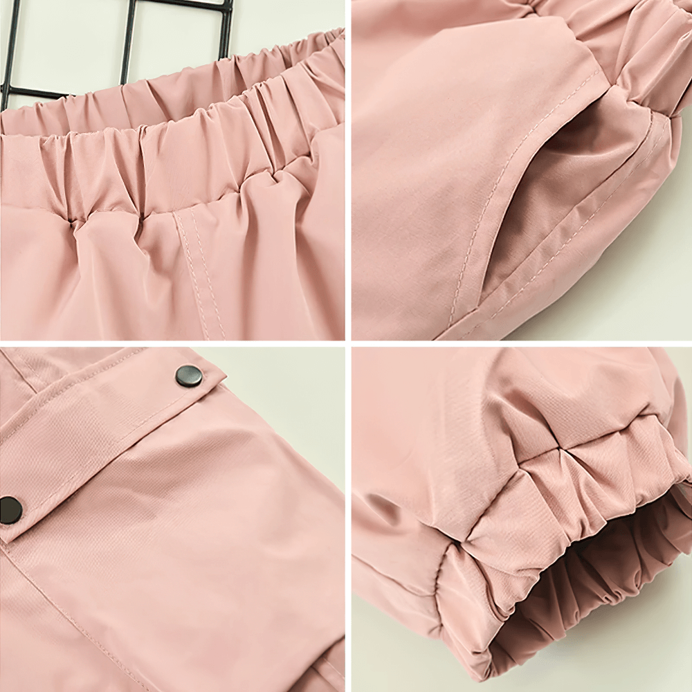 Close-up of Girls Fleece-Lined Cargo Pants with Pockets - SF3708, showcasing elastic waistband, pockets, and durable fabric for winter warmth.