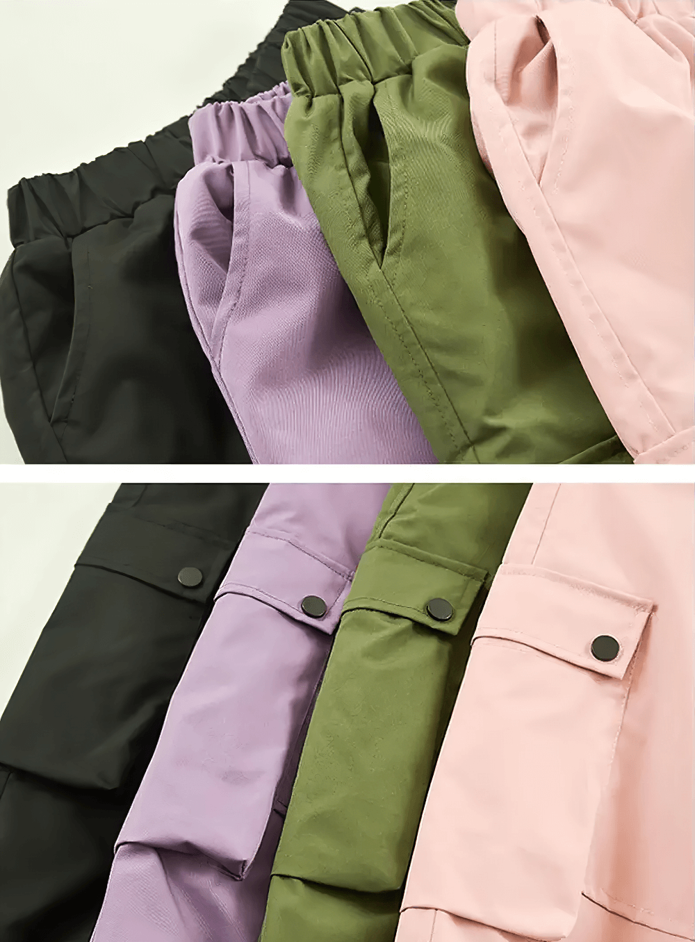 Girls Fleece-Lined Cargo Pants with Pockets - SF3708 in black, lilac, green, and pink colors, showcasing elastic waists and pockets.