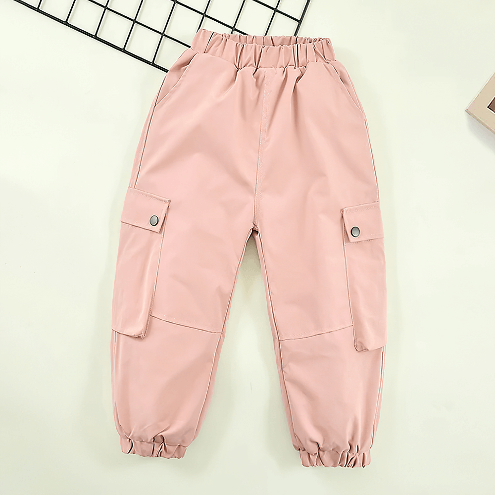 Girls Fleece-Lined Cargo Pants with Pockets - SF3708 in pink, featuring an elastic waistband and side pockets for comfort and utility.