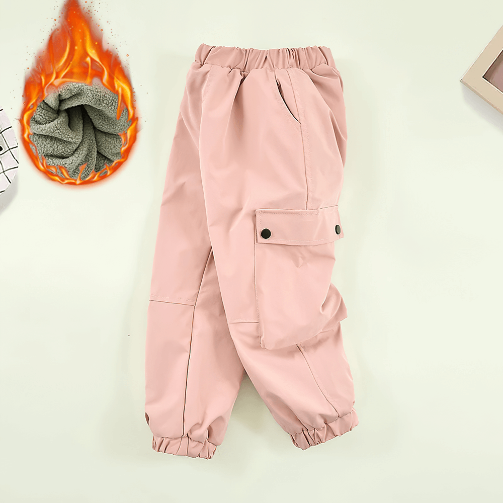 Girls Fleece-Lined Cargo Pants with Pockets - SF3708, pink color, showcasing thermal lining and elastic waistband for warm winter wear.
