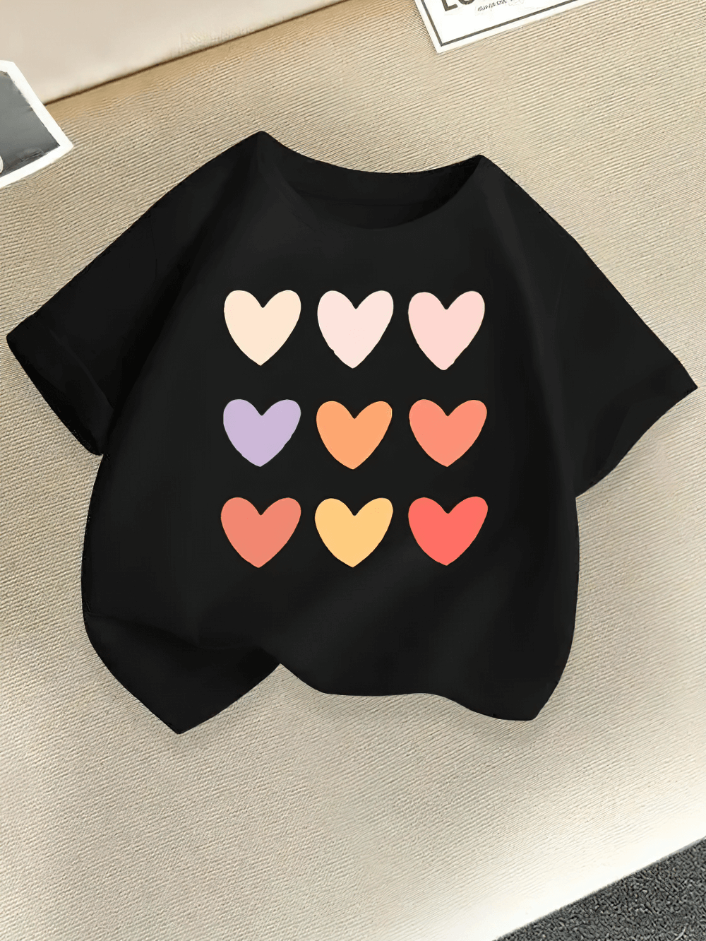 Girls Heart Grid Print O-Neck Cotton T-Shirt - SF3849 with colorful heart pattern, ideal for kids' casual outfits and everyday fun.