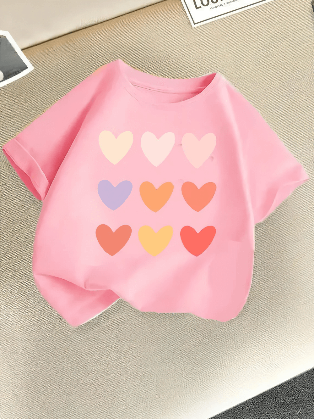 Girls Heart Grid Print O-Neck Cotton T-Shirt - SF3849 with colorful heart graphics for kids.