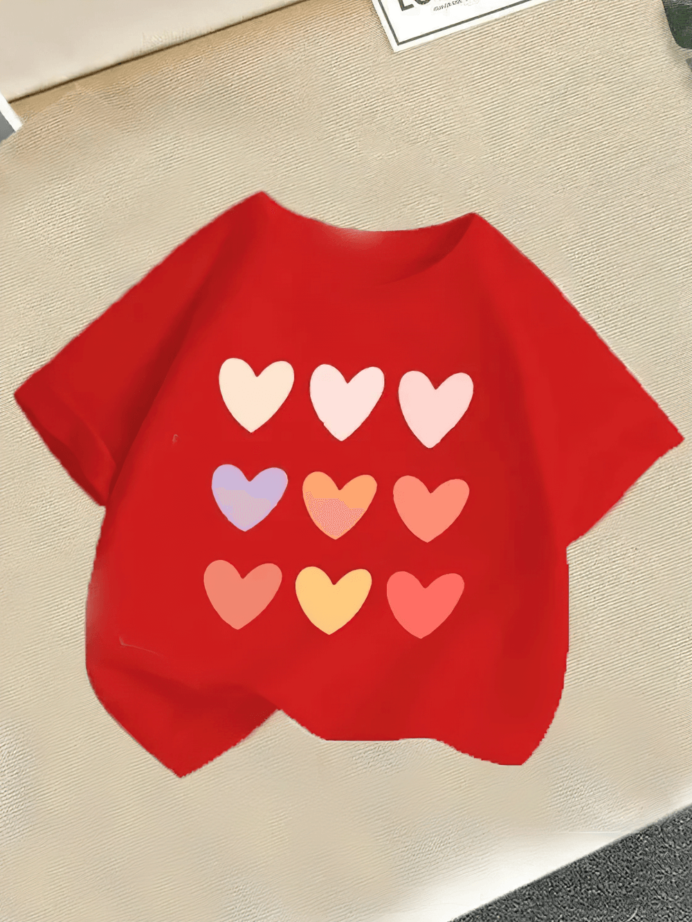 Girls Heart Grid Print O-Neck Cotton T-Shirt - SF3849 with rainbow hearts on a red background for kids' fun style.