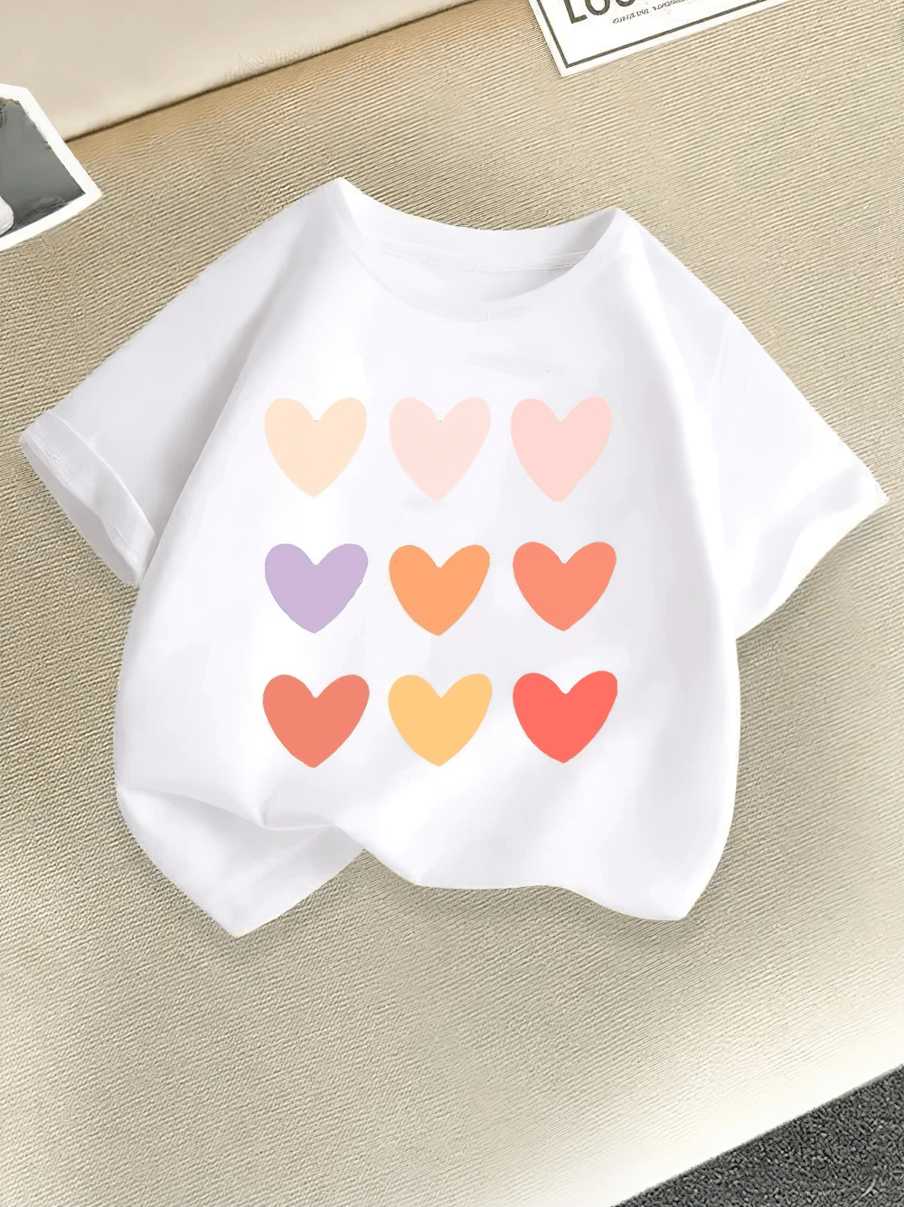 Girls Heart Grid Print O-Neck Cotton T-Shirt - SF3849, rainbow heart graphic tee for girls, bright multicolor hearts, kids fashion