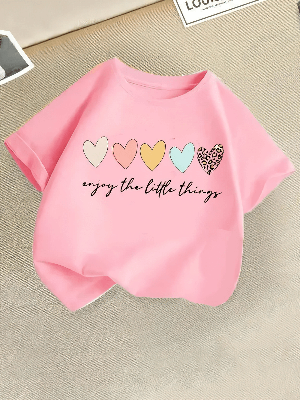 Girls Heart Print Short-Sleeved T-Shirt - SF3848 featuring colorful heart graphics and 'enjoy the little things' slogan, perfect for kids.