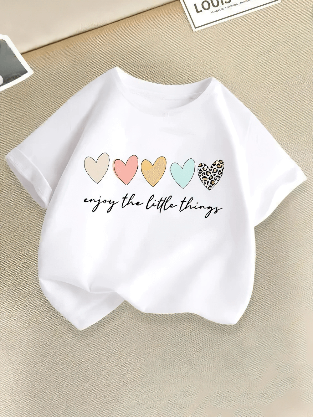 Girls Heart Print Short-Sleeved T-Shirt - SF3848 with enjoy the little things slogan and colorful heart design