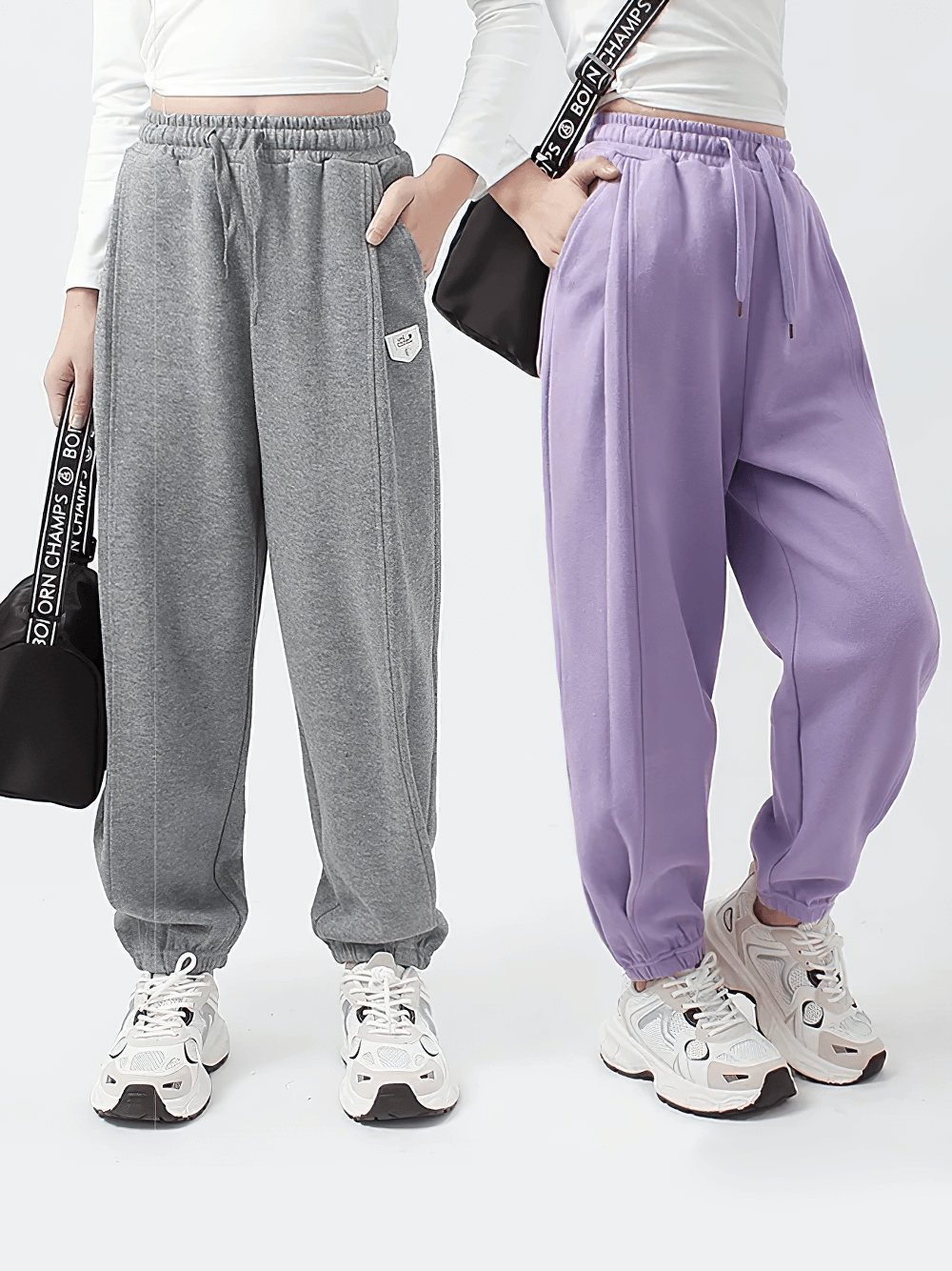 Girls High-Waist Cotton Jogger Pants with Pockets - SF3658 in grey and purple.