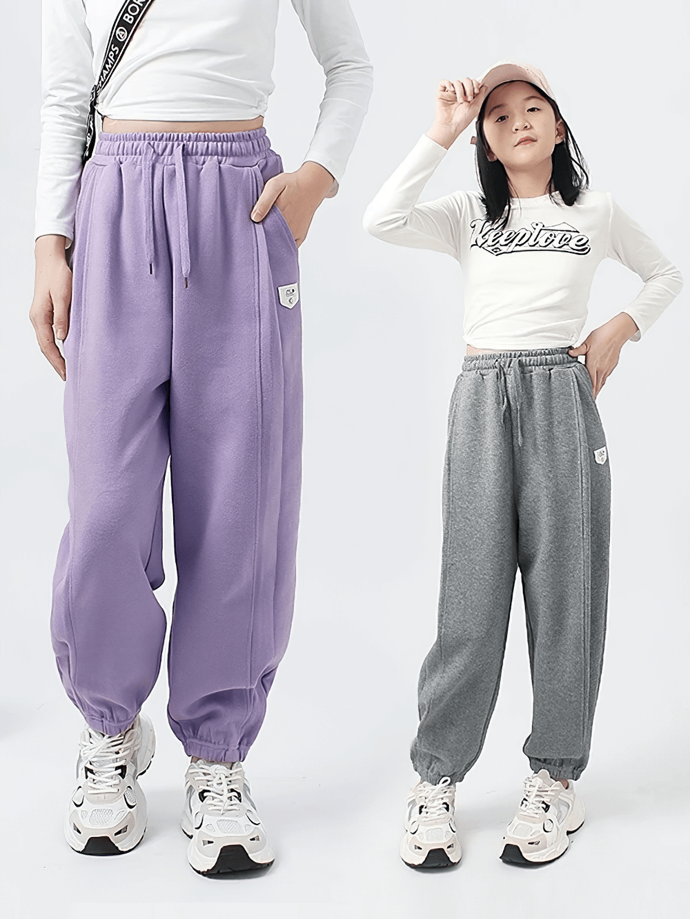 Girls High-Waist Cotton Jogger Pants with Pockets - SF3658 in purple and gray, perfect for casual and sporty style.