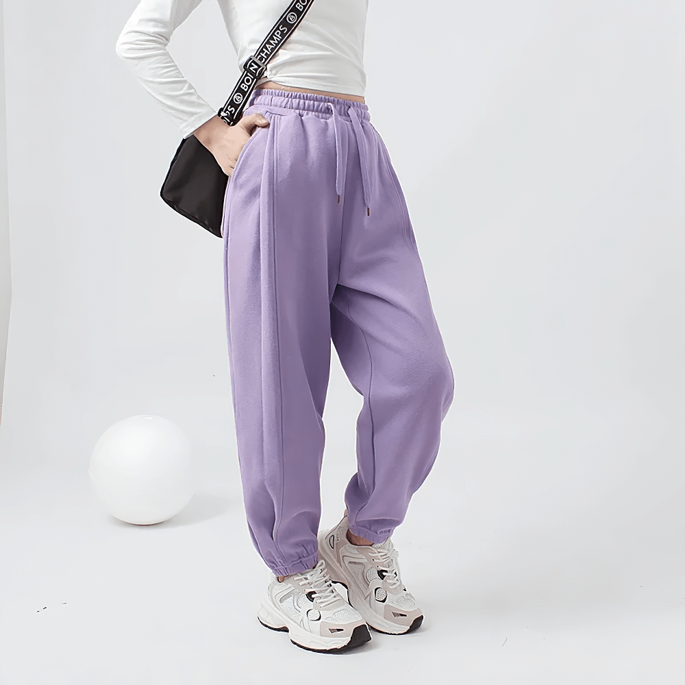 Stylish Girls High-Waist Cotton Jogger Pants with Pockets - SF3658 in lavender, perfect for casual wear.