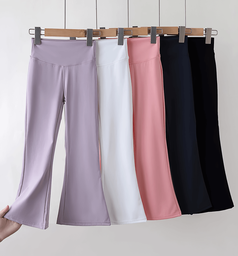 Girls High Waist Flared Leggings for Training - SF3817 in various colors hanging on a rack, showcasing stylish yoga and sport design.