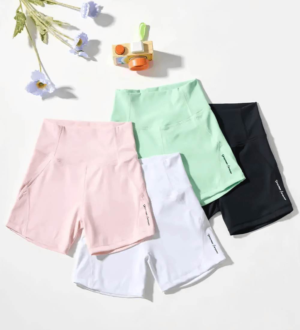Girls High-Waisted Sport Shorts for Yoga and Running - SF3838 in pastel colors with anti-sweat nylon, ideal for active wear.