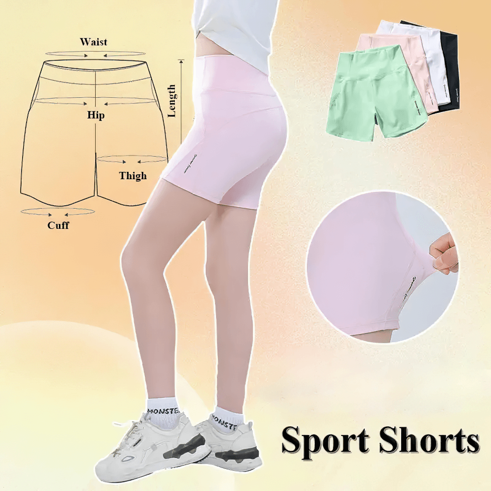 Girls High-Waisted Sport Shorts for Yoga and Running - SF3838 with anti-sweat nylon, shown in pink, various colors in background.