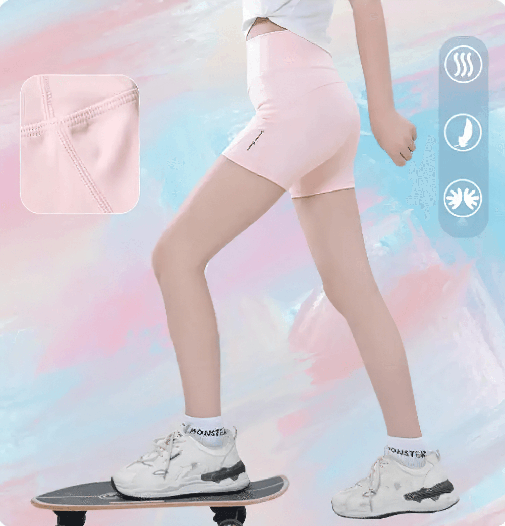 Side view of Girls High-Waisted Sport Shorts for Yoga and Running - SF3838 in pink, showcasing high-waisted design and anti-sweat fabric.