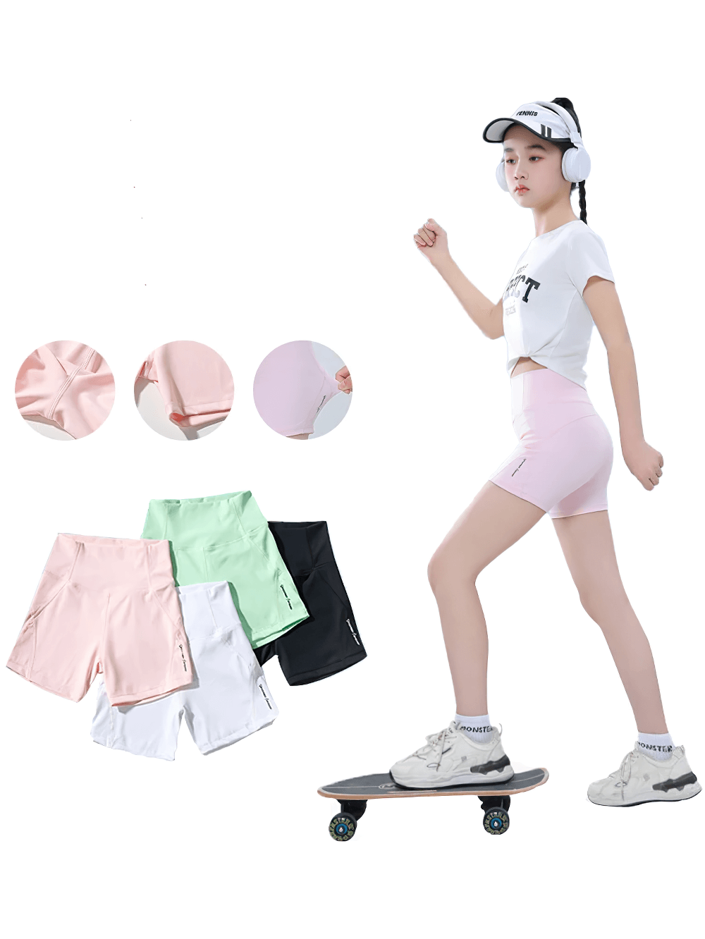 Girls High-Waisted Sport Shorts for Yoga and Running - SF3838 in pastel colors, shown with a girl in a sporty pose.