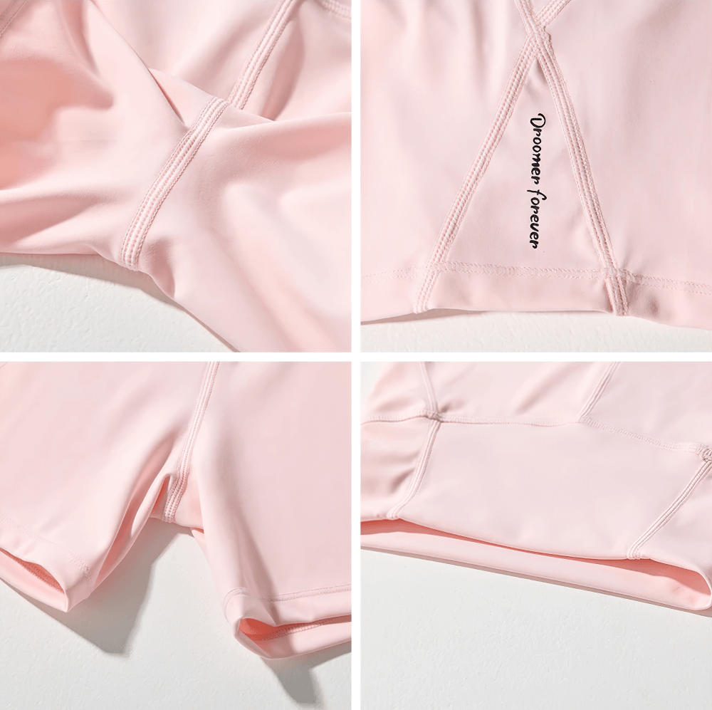 Close-up of Girls High-Waisted Sport Shorts for Yoga and Running - SF3838 in light pink, showcasing seams and fabric detail.