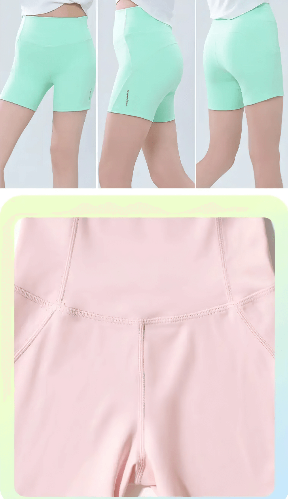 Girls High-Waisted Sport Shorts for Yoga and Running - SF3838 in mint green and pink, showcasing anti-sweat nylon fabric and snug fit.