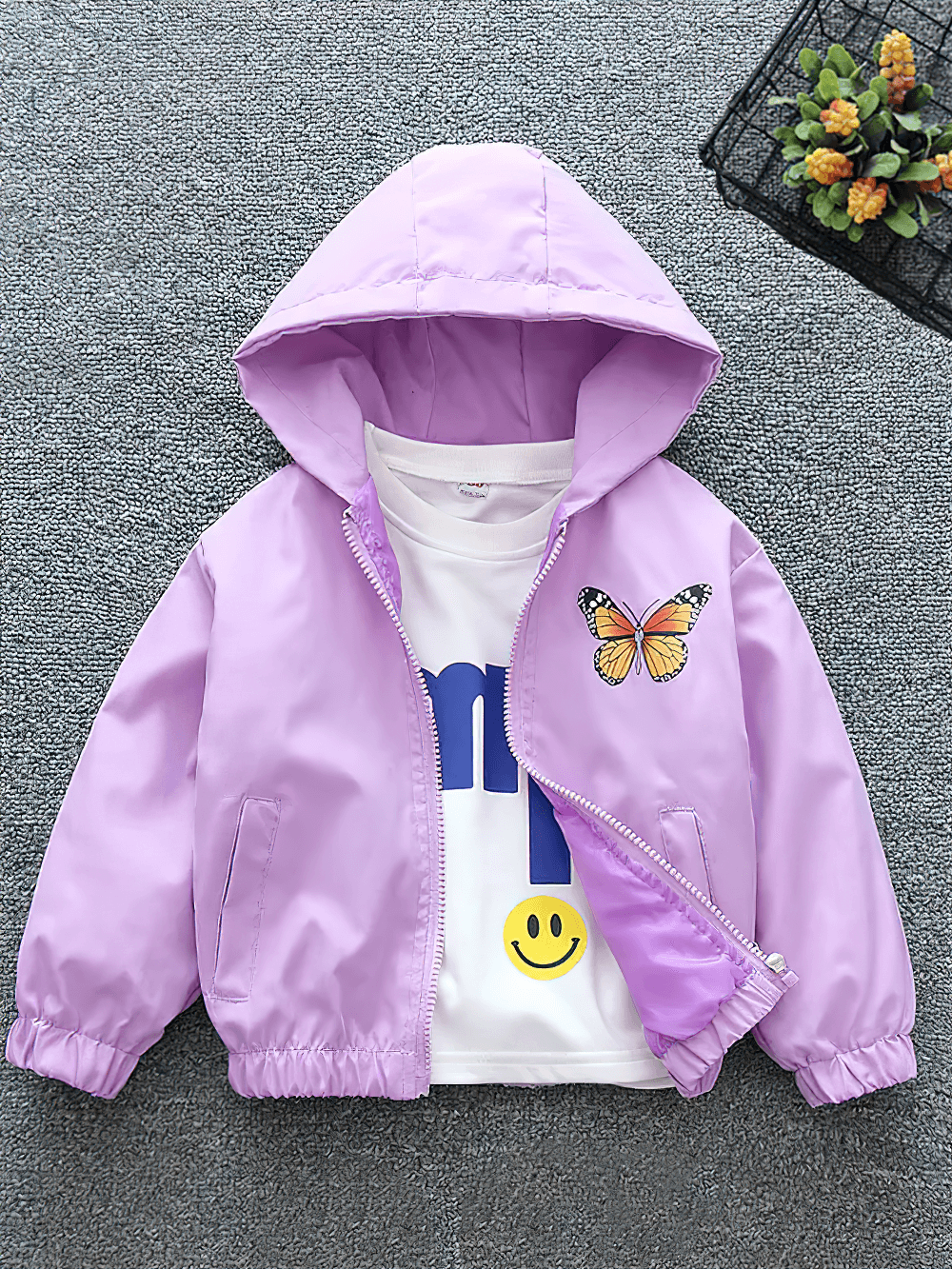 Girls' Hooded Jacket with Sequin Butterfly Design - SF3542 in purple with colorful butterfly embellishment.