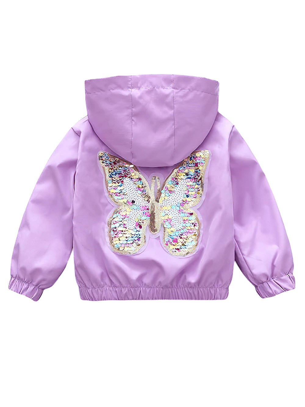 Back view of Girls' Hooded Jacket with Sequin Butterfly Design - SF3542 in purple, featuring colorful sequins that change with a swipe.