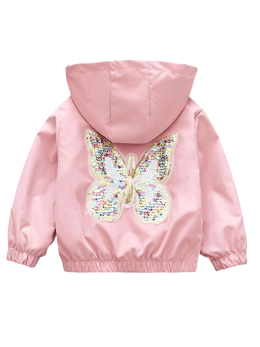 Girls' Hooded Jacket with Sequin Butterfly Design - SF3542 in pink, featuring a shimmering butterfly on the back, perfect for casual outings.