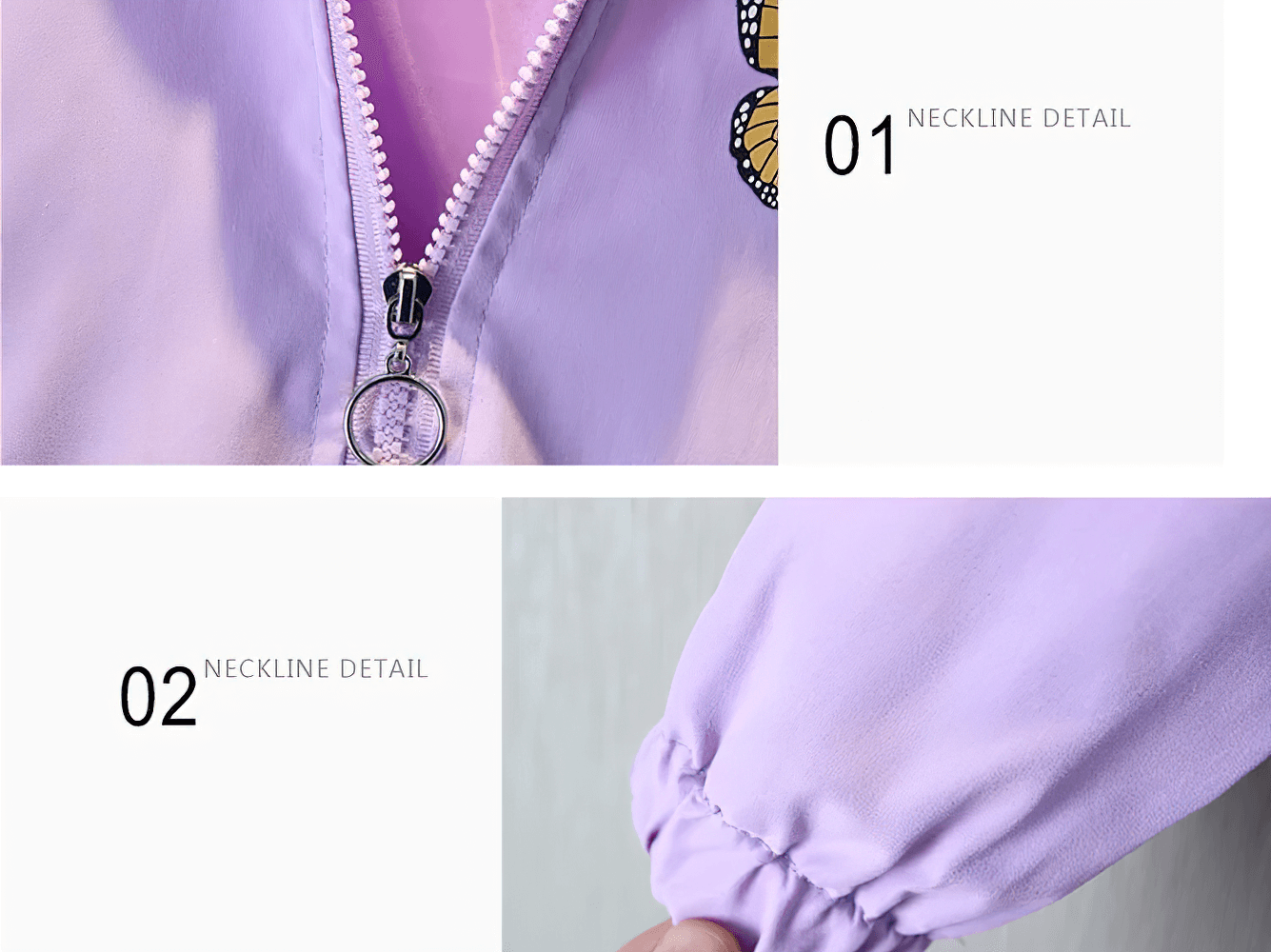 Close-up of Girls' Hooded Jacket with Sequin Butterfly Design - SF3542 showing neckline and elastic cuff details in purple.