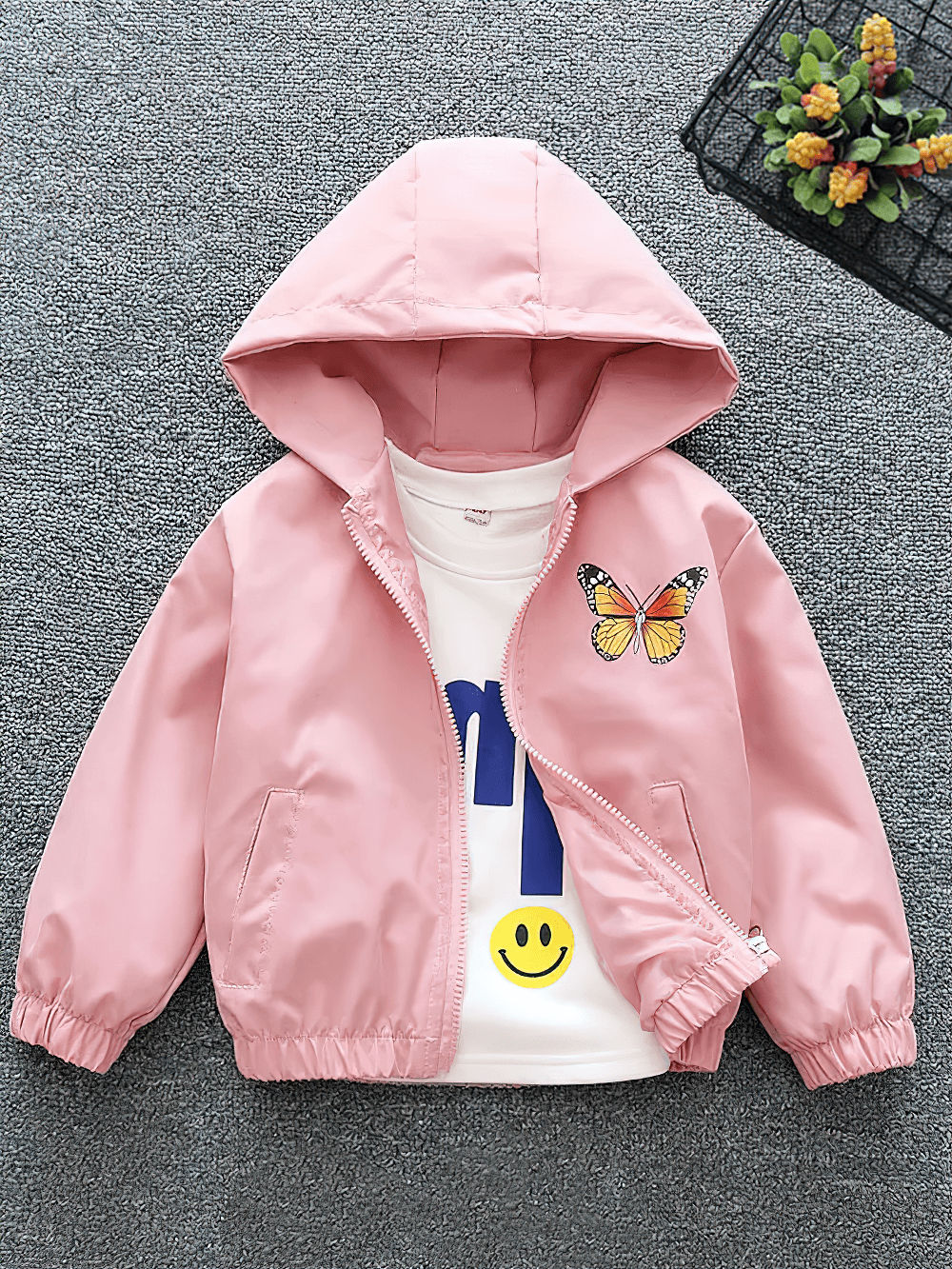 Girls' Hooded Jacket with Sequin Butterfly Design - SF3542 in pink featuring a fun butterfly motif perfect for casual outings.