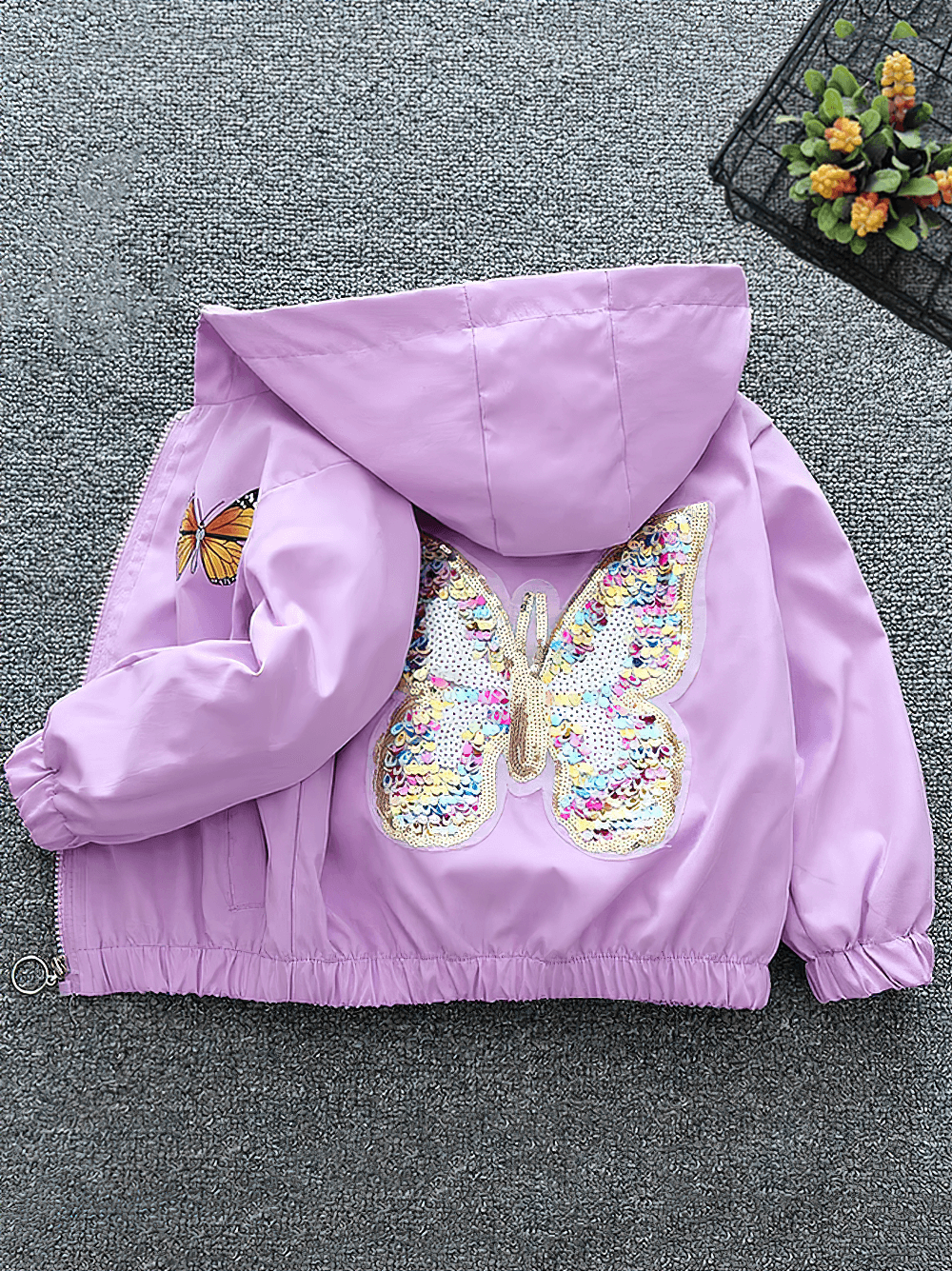 Girls' Hooded Jacket with Sequin Butterfly Design - SF3542 in purple with colorful sequin butterfly on the back, playful and stylish.