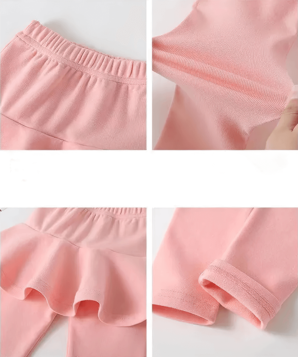 Close-up of pink Girls Layered Sport Stretch Leggings with Skirt - SF3855, showcasing flared skirt and elastic waistband details.
