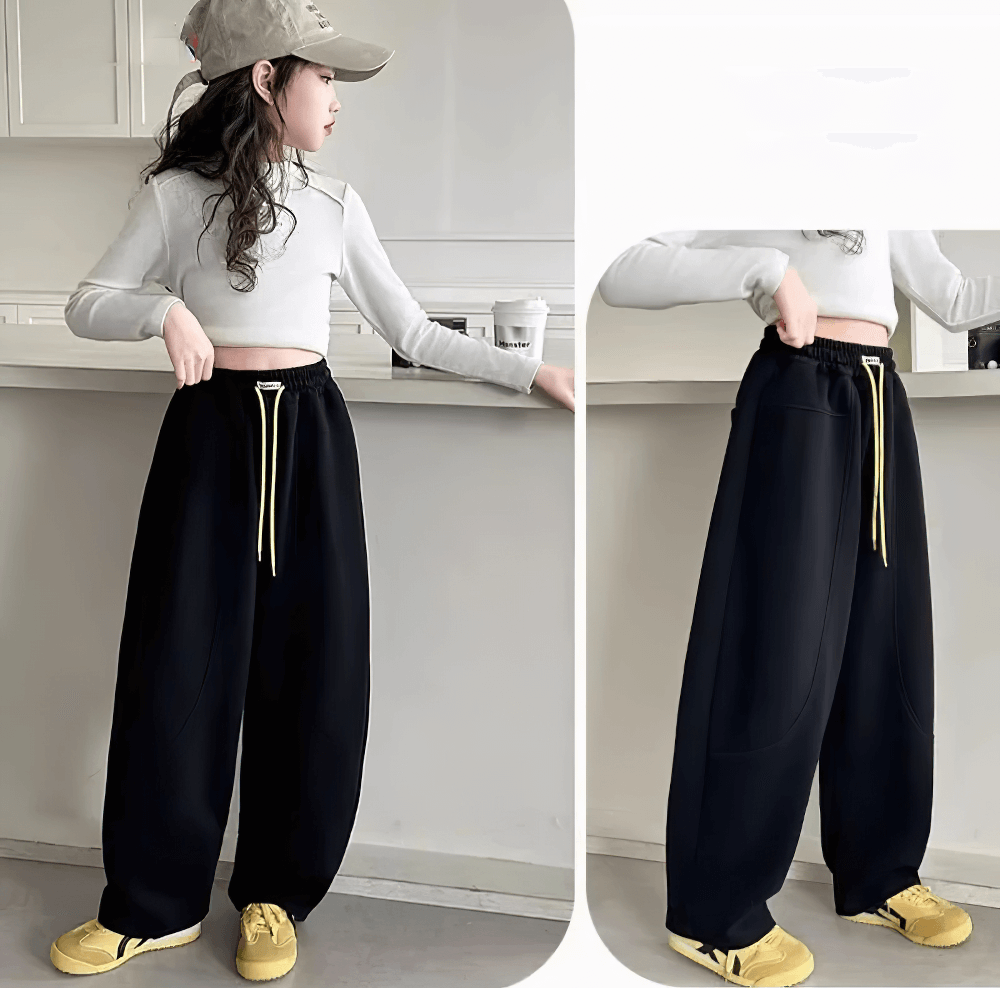 Girls Loose Fit Sporty Pants with Drawstring Waist - SF3709, black windproof design, perfect for active kids, stylish and comfortable wear.