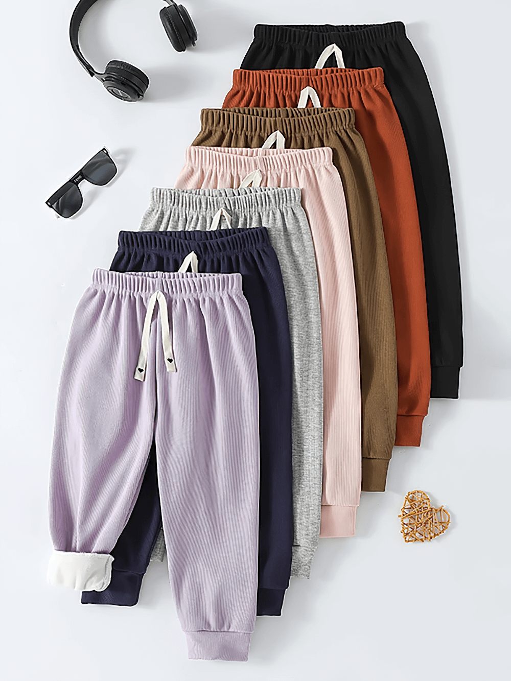 Colorful Girls Plush Lined Sport Jogger Pants With Bow - SF3875 displayed with accessories