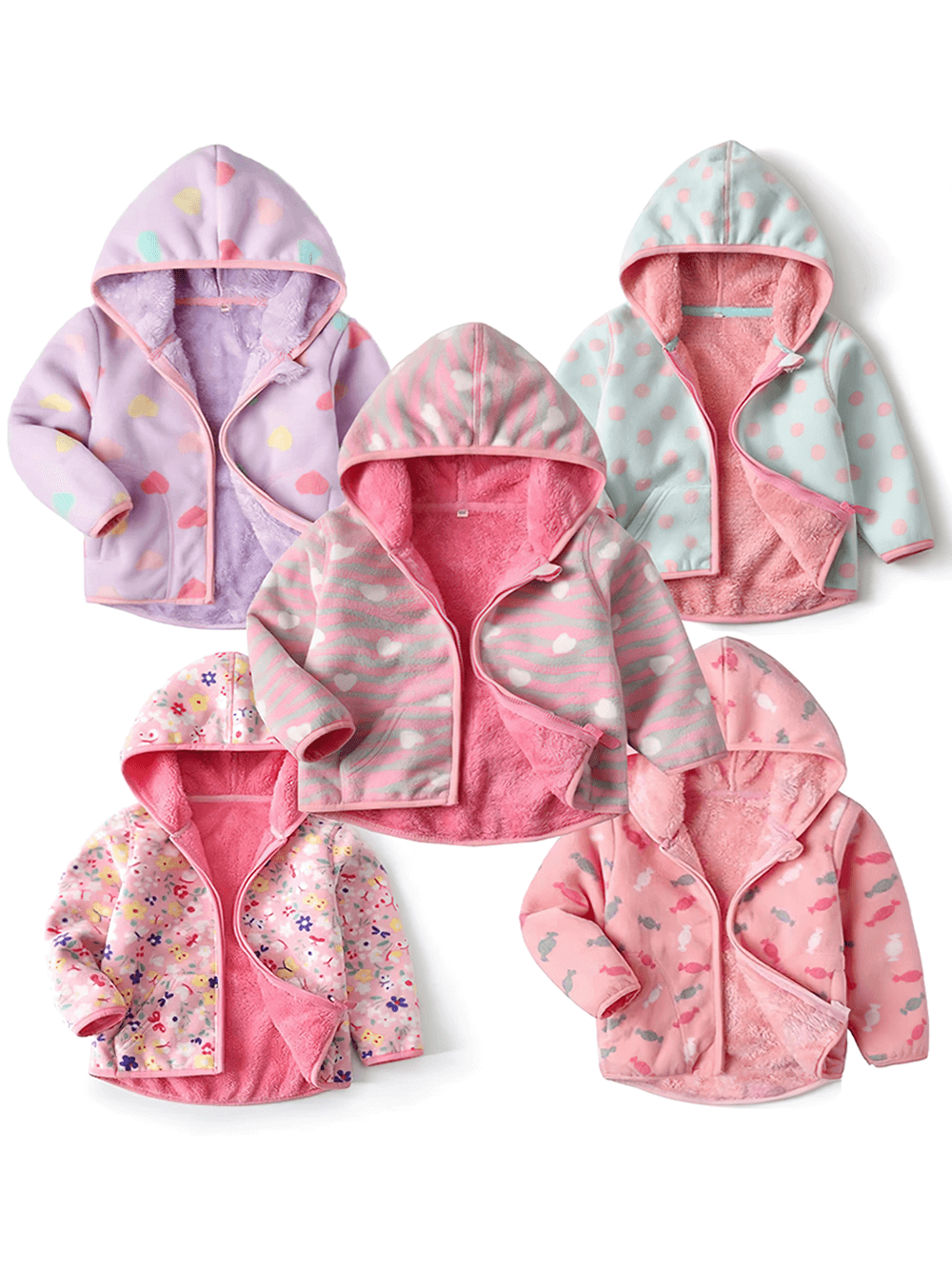Girls Printed Fleece Jacket with Hood - SF3573 in floral and heart patterns, perfect for warmth and outdoor play.