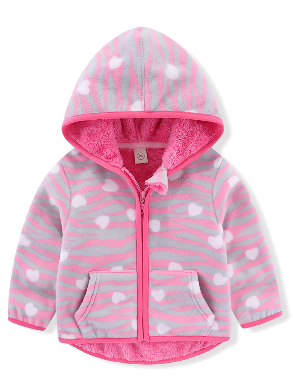 Girls Printed Fleece Jacket with Hood - SF3573 featuring a cute pink heart and stripe design, perfect for keeping warm in style.