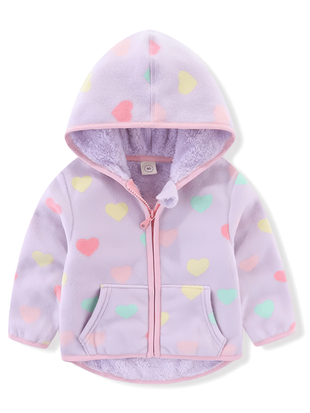 Girls Printed Fleece Jacket with Hood - SF3573 featuring heart patterns and soft fabric, perfect for keeping kids warm in winter.