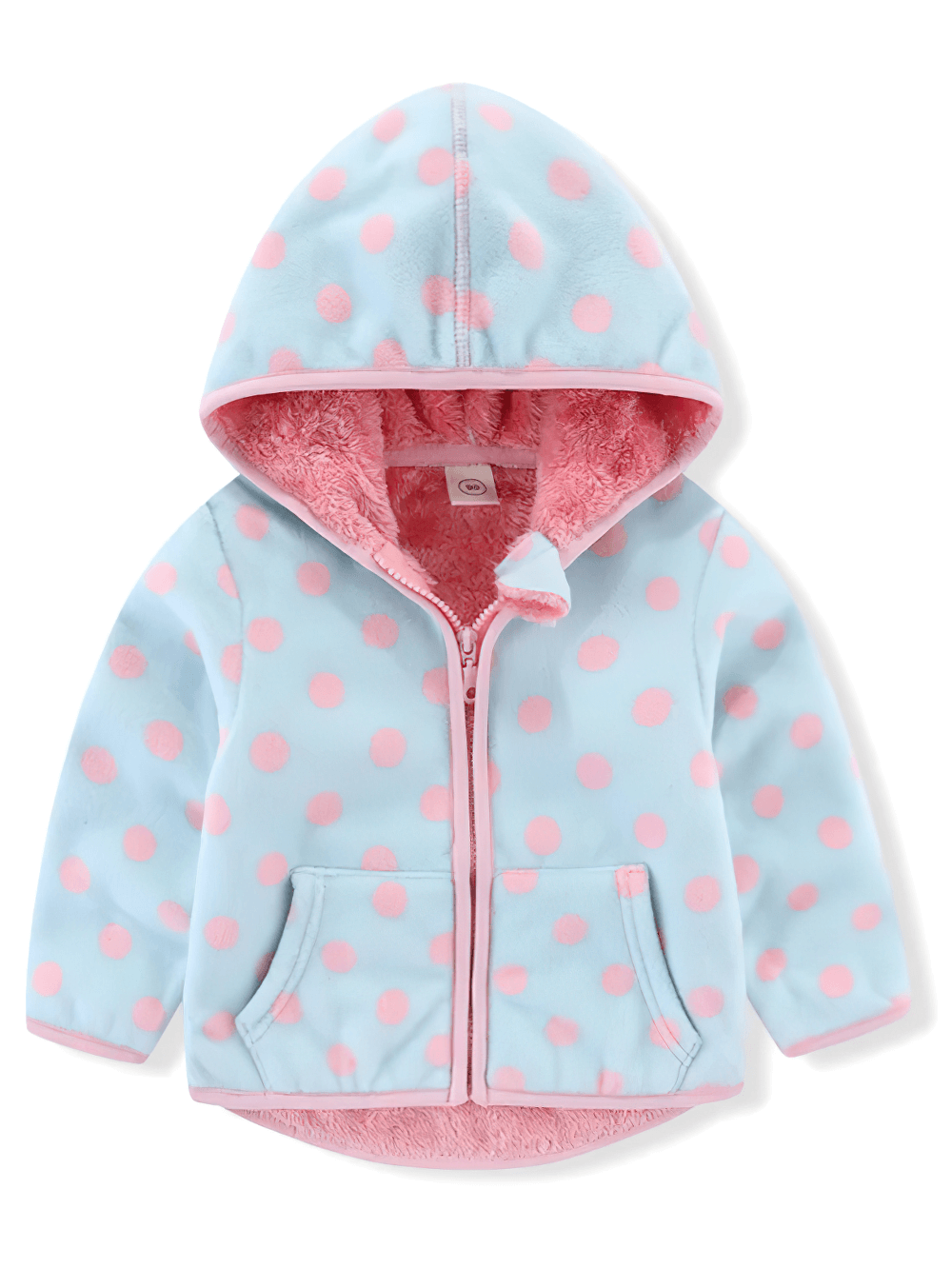 Girls Printed Fleece Jacket with Hood - SF3573, cute fleece jacket with pink polka dots, cozy and stylish for winter or autumn wear.