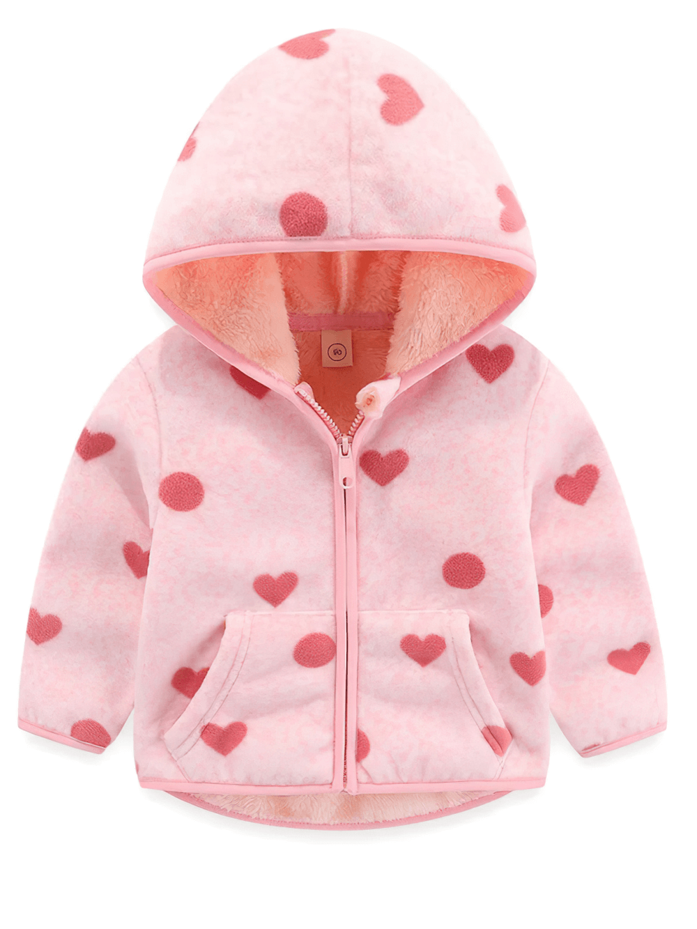 Girls Printed Fleece Jacket with Hood - SF3573, pink jacket with cute heart pattern, warm and cozy design for toddlers and kids.