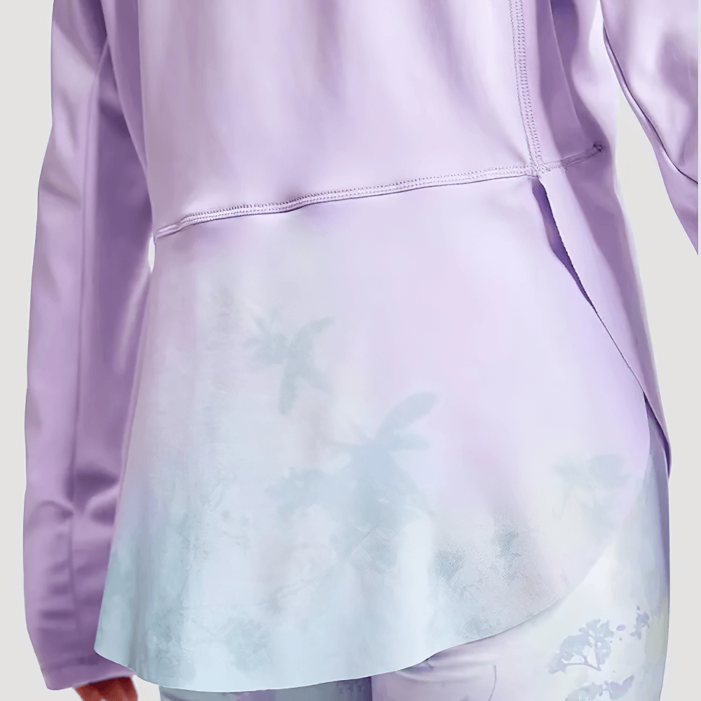 Back view of Girls Quick Dry Long-Sleeved Sports Top for Yoga - SF3859 showing crossed hem and soft lavender fabric.