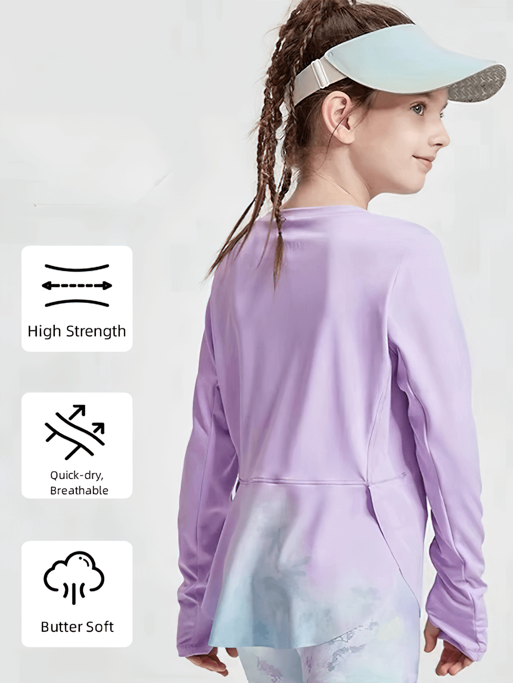 Girls Quick Dry Long-Sleeved Sports Top for Yoga - SF3859 in purple with crossed hem design, ideal for kids' training and outdoor play.