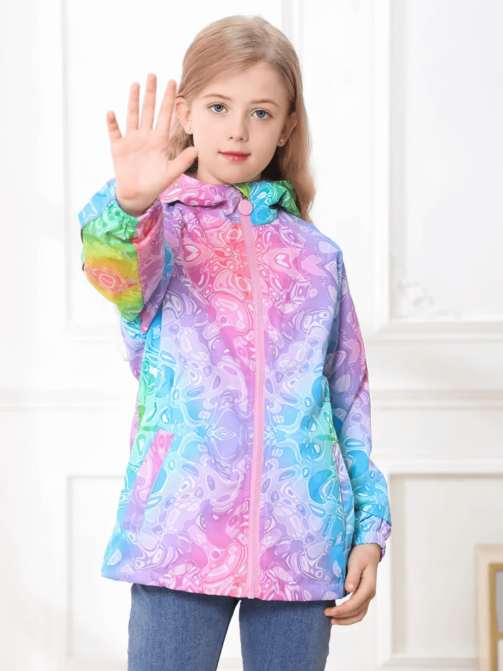Girl wearing Girls Rainbow Gradient Windproof Hooded Jacket - SF3841 with vibrant gradient design and front zipper indoors